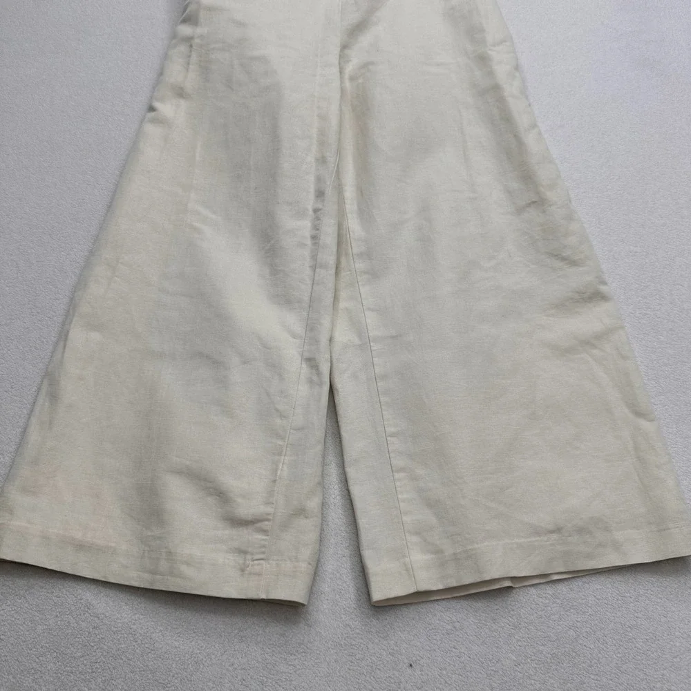 Banana Republic Women Cream Cotton Linen Wide Leg Belted Jumpsuit Size 0 Classic